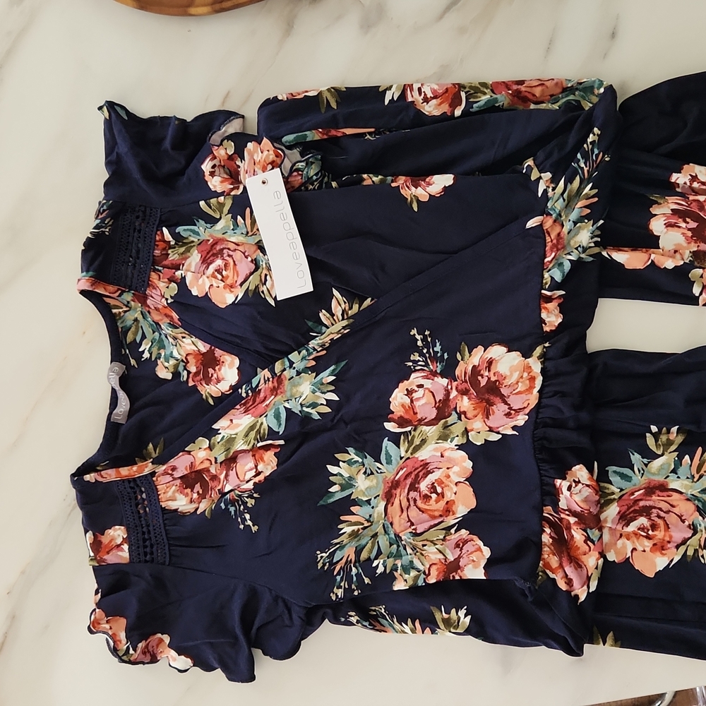Loveappella Valentina Crochet Trim Knit Jumpsuit Navy/Floral - SP